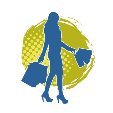 Sıska, alışveriş torbaları taşıyan genç bir kadının silueti. Alışveriş torbaları taşıyan, etkileyici pozlarda genç bir kadının silueti..