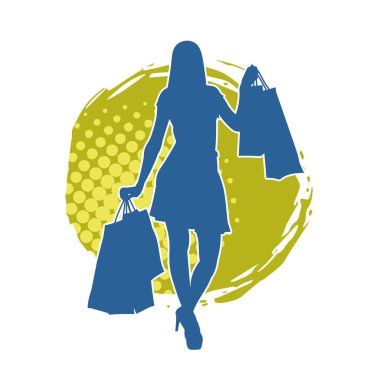 Sıska, alışveriş torbaları taşıyan genç bir kadının silueti. Alışveriş torbaları taşıyan, etkileyici pozlarda genç bir kadının silueti..