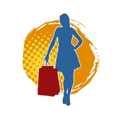 Sıska, alışveriş torbaları taşıyan genç bir kadının silueti. Alışveriş torbaları taşıyan, etkileyici pozlarda genç bir kadının silueti..