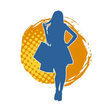 Sıska, alışveriş torbaları taşıyan genç bir kadının silueti. Alışveriş torbaları taşıyan, etkileyici pozlarda genç bir kadının silueti..