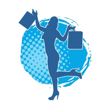 Sıska, alışveriş torbaları taşıyan genç bir kadının silueti. Alışveriş torbaları taşıyan, etkileyici pozlarda genç bir kadının silueti..