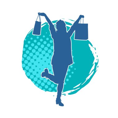 Sıska, alışveriş torbaları taşıyan genç bir kadının silueti. Alışveriş torbaları taşıyan, etkileyici pozlarda genç bir kadının silueti..