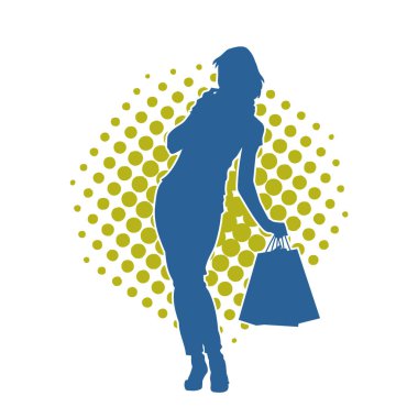 Sıska, alışveriş torbaları taşıyan genç bir kadının silueti. Alışveriş torbaları taşıyan, etkileyici pozlarda genç bir kadının silueti..