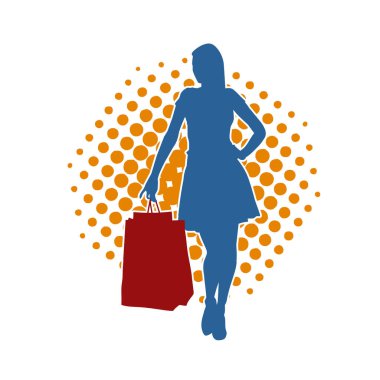 Sıska, alışveriş torbaları taşıyan genç bir kadının silueti. Alışveriş torbaları taşıyan, etkileyici pozlarda genç bir kadının silueti..