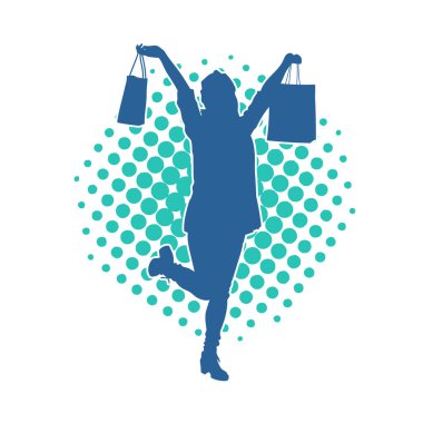 Sıska, alışveriş torbaları taşıyan genç bir kadının silueti. Alışveriş torbaları taşıyan, etkileyici pozlarda genç bir kadının silueti..