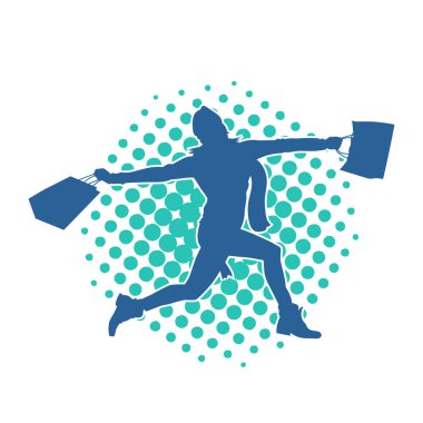 Sıska, alışveriş torbaları taşıyan genç bir kadının silueti. Alışveriş torbaları taşıyan, etkileyici pozlarda genç bir kadının silueti..