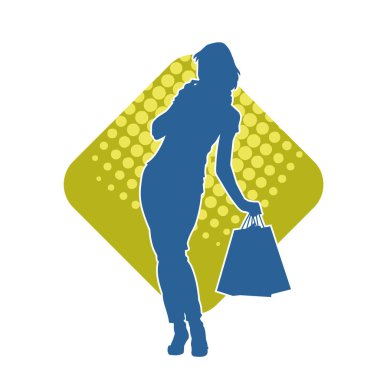 Sıska, alışveriş torbaları taşıyan genç bir kadının silueti. Alışveriş torbaları taşıyan, etkileyici pozlarda genç bir kadının silueti..