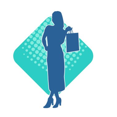 Sıska, alışveriş torbaları taşıyan genç bir kadının silueti. Alışveriş torbaları taşıyan, etkileyici pozlarda genç bir kadının silueti..