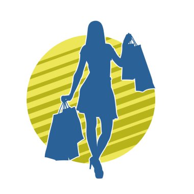 Sıska, alışveriş torbaları taşıyan genç bir kadının silueti. Alışveriş torbaları taşıyan şık bir kadının silueti.