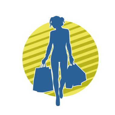 Sıska, alışveriş torbaları taşıyan genç bir kadının silueti. Alışveriş torbaları taşıyan şık bir kadının silueti.
