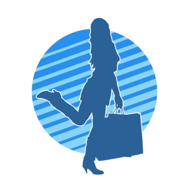 Sıska, alışveriş torbaları taşıyan genç bir kadının silueti. Alışveriş torbaları taşıyan şık bir kadının silueti.