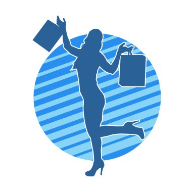 Sıska, alışveriş torbaları taşıyan genç bir kadının silueti. Alışveriş torbaları taşıyan şık bir kadının silueti.