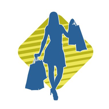 Sıska, alışveriş torbaları taşıyan genç bir kadının silueti. Alışveriş torbaları taşıyan şık bir kadının silueti.