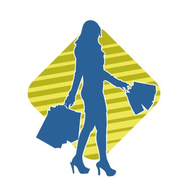 Sıska, alışveriş torbaları taşıyan genç bir kadının silueti. Alışveriş torbaları taşıyan şık bir kadının silueti.