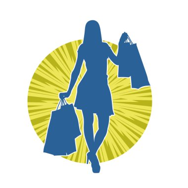 Sıska, alışveriş torbaları taşıyan genç bir kadının silueti. Alışveriş torbaları taşıyan şık bir kadının silueti.