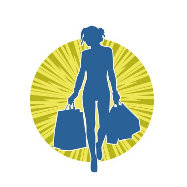 Sıska, alışveriş torbaları taşıyan genç bir kadının silueti. Alışveriş torbaları taşıyan şık bir kadının silueti.