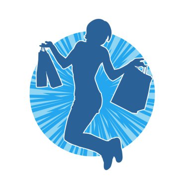 Sıska, alışveriş torbaları taşıyan genç bir kadının silueti. Alışveriş torbaları taşıyan şık bir kadının silueti.