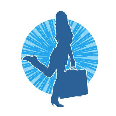 Sıska, alışveriş torbaları taşıyan genç bir kadının silueti. Alışveriş torbaları taşıyan şık bir kadının silueti.