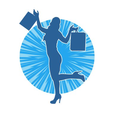 Sıska, alışveriş torbaları taşıyan genç bir kadının silueti. Alışveriş torbaları taşıyan şık bir kadının silueti.