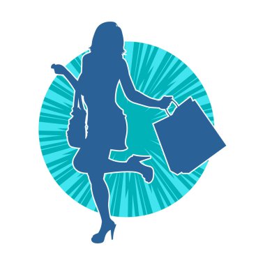 Sıska, alışveriş torbaları taşıyan genç bir kadının silueti. Alışveriş torbaları taşıyan şık bir kadının silueti.