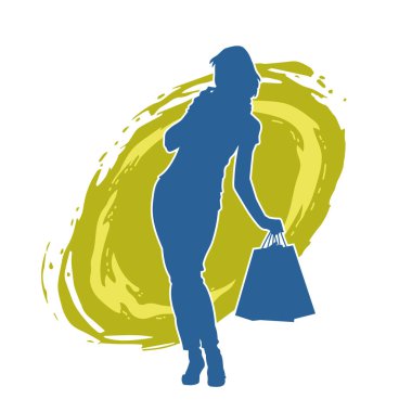 Sıska, alışveriş torbaları taşıyan genç bir kadının silueti. Alışveriş torbaları taşıyan şık bir kadının silueti.