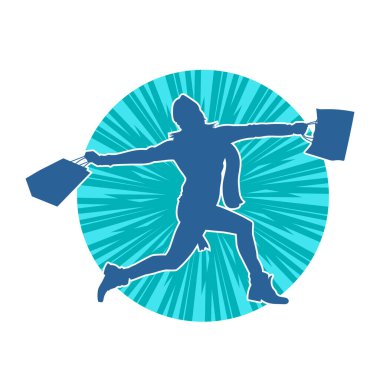 Sıska, alışveriş torbaları taşıyan genç bir kadının silueti. Alışveriş torbaları taşıyan şık bir kadının silueti.