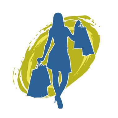 Sıska, alışveriş torbaları taşıyan genç bir kadının silueti. Alışveriş torbaları taşıyan şık bir kadının silueti.