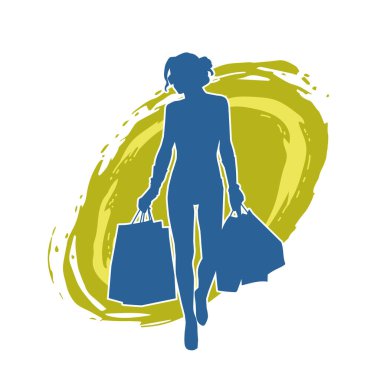 Sıska, alışveriş torbaları taşıyan genç bir kadının silueti. Alışveriş torbaları taşıyan şık bir kadının silueti.