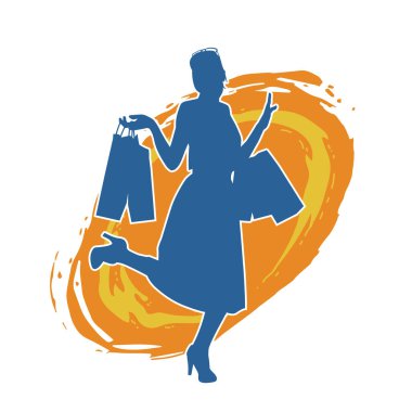 Sıska, alışveriş torbaları taşıyan genç bir kadının silueti. Alışveriş torbaları taşıyan şık bir kadının silueti.