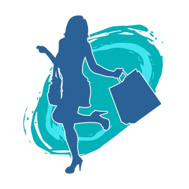 Sıska, alışveriş torbaları taşıyan genç bir kadının silueti. Alışveriş torbaları taşıyan şık bir kadının silueti.