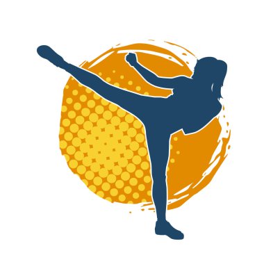 Dövüş sanatları tekmesi atan bir kadının silueti. Sportif bir kadının silueti tekme hareketi yapıyor..