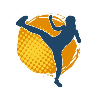 Dövüş sanatları tekmesi atan bir kadının silueti. Sportif bir kadının silueti tekme hareketi yapıyor..