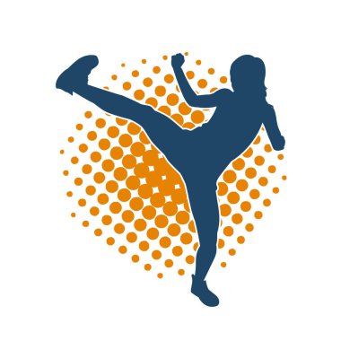 Dövüş sanatları tekmesi atan bir kadının silueti. Sportif bir kadının silueti tekme hareketi yapıyor..