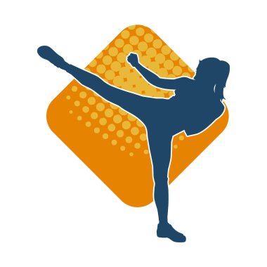 Dövüş sanatları tekmesi atan bir kadının silueti. Sportif bir kadının silueti tekme hareketi yapıyor..