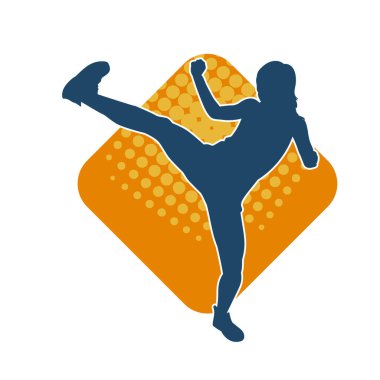 Dövüş sanatları tekmesi atan bir kadının silueti. Sportif bir kadının silueti tekme hareketi yapıyor..