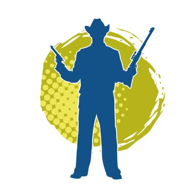 Kovboy kostümü giymiş siluet bir erkek tabanca ve tüfekle poz veriyor.