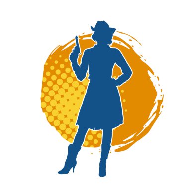 Kovboy kostümü giymiş zayıf bir kadının silueti. Tabanca tabancası taşıyan pozu. Kovboy kız kostümlü bir kadın modelin silueti..