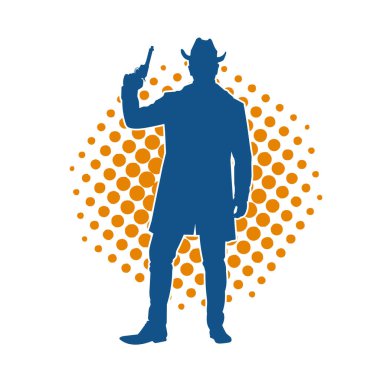 Kovboy kostümü giymiş bir adamın silüeti. Tabanca tabancası taşıyormuş gibi poz veriyor.