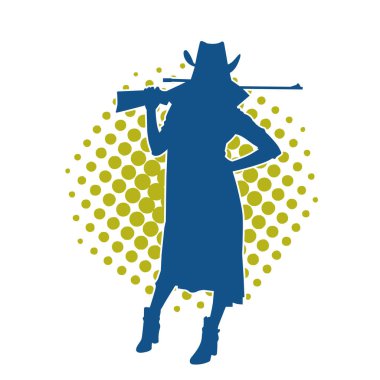 Uzun paltolu ve tüfekli kadın kovboy savaşçısının silueti. Uzun namlulu ateşli silahla poz veren bir dişi kovboyun silueti..