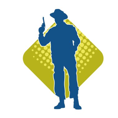 Kovboy kostümü giymiş bir adamın silüeti. Tabanca tabancası taşıyormuş gibi poz veriyor.