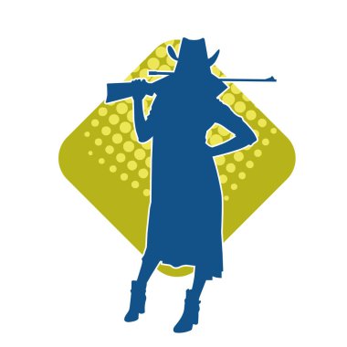 Uzun paltolu ve tüfekli kadın kovboy savaşçısının silueti. Uzun namlulu ateşli silahla poz veren bir dişi kovboyun silueti..