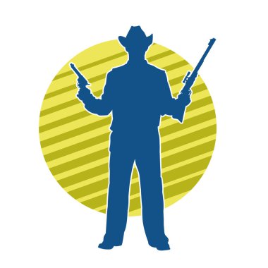 Kovboy kostümü giymiş siluet bir erkek tabanca ve tüfekle poz veriyor.