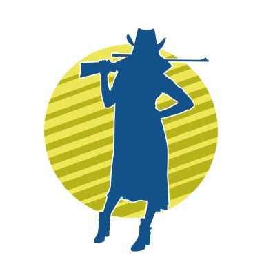 Uzun paltolu ve tüfekli kadın kovboy savaşçısının silueti. Uzun namlulu ateşli silahla poz veren bir dişi kovboyun silueti..