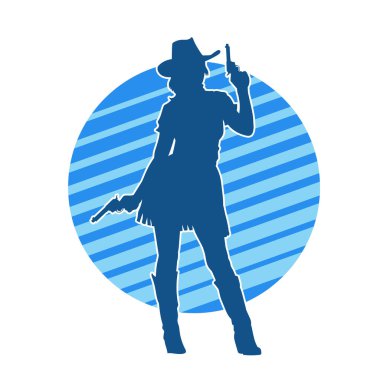 Kovboy kostümü giymiş zayıf bir kadının silueti. Tabanca tabancası taşıyan pozu. Kovboy kız kostümlü bir kadın modelin silueti..