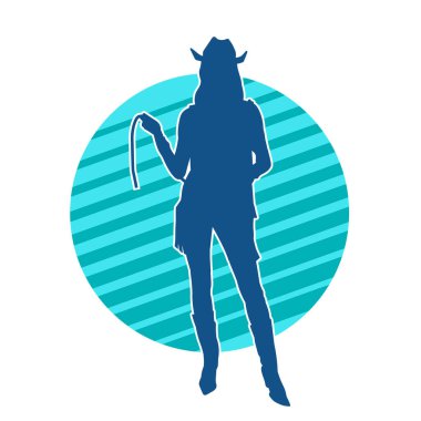 İnce bir kadın modelin silueti kovboy kostümü giymiş ve kementle ip taşıyor. Bir kovboy kız silueti kement ipiyle poz veriyor..