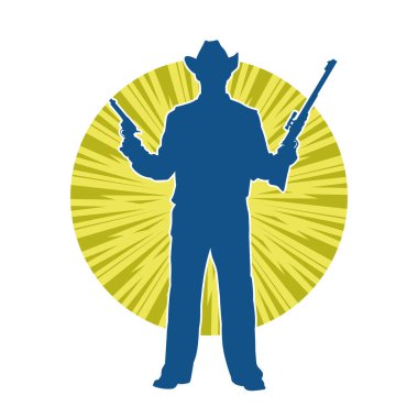 Kovboy kostümü giymiş siluet bir erkek tabanca ve tüfekle poz veriyor.