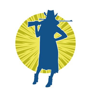 Uzun paltolu ve tüfekli kadın kovboy savaşçısının silueti. Uzun namlulu ateşli silahla poz veren bir dişi kovboyun silueti..