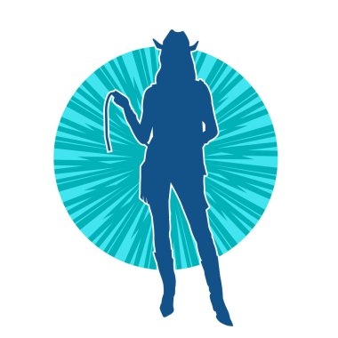 İnce bir kadın modelin silueti kovboy kostümü giymiş ve kementle ip taşıyor. Bir kovboy kız silueti kement ipiyle poz veriyor..