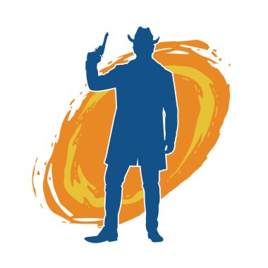 Kovboy kostümü giymiş bir adamın silüeti. Tabanca tabancası taşıyormuş gibi poz veriyor.