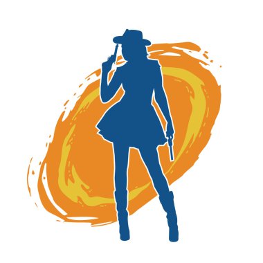 Kovboy kostümü giymiş zayıf bir kadının silueti. Tabanca tabancası taşıyan pozu. Kovboy kız kostümlü bir kadın modelin silueti..